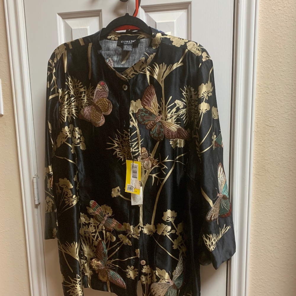 VINTAGE NEW CITRON Oriental Floral Blouse 64% Linen/36% Silk  Size 2x